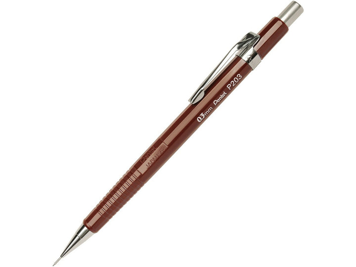Pentel P203 Automatic Mechanical Pencil 0.3mm, featuring a lightweight brown barrel, fixed lead guidance sleeve, metal pocket clip, push-button mechanism and refillable design for precise writing, drafting and technical drawing