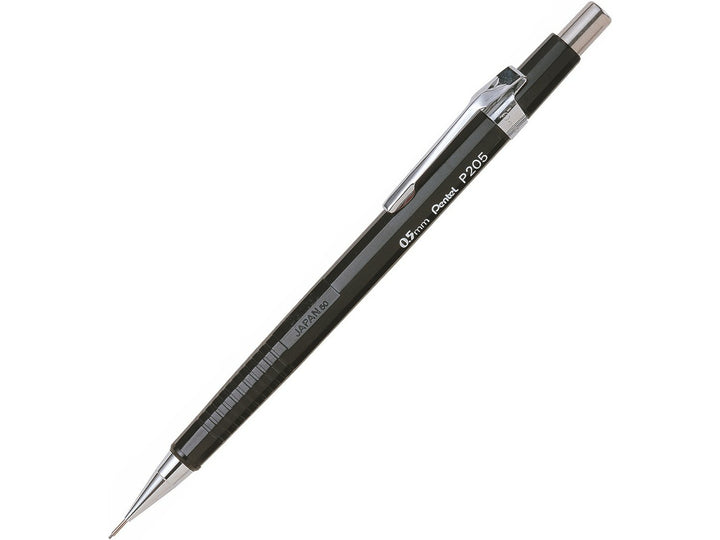 Pentel P205 Automatic Mechanical Pencil 0.5mm, featuring a lightweight black barrel, fixed lead guidance sleeve, metal pocket clip, push-button mechanism and refillable design for everyday writing, drafting and technical drawing
