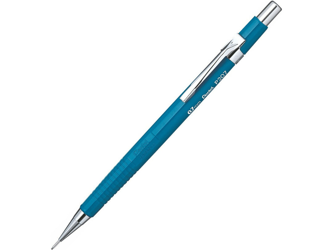 Pentel P207 Automatic Mechanical Pencil 0.7mm, featuring a lightweight blue barrel, fixed lead guidance sleeve, metal pocket clip, push-button mechanism and refillable design for everyday writing, drafting, sketching and technical drawing