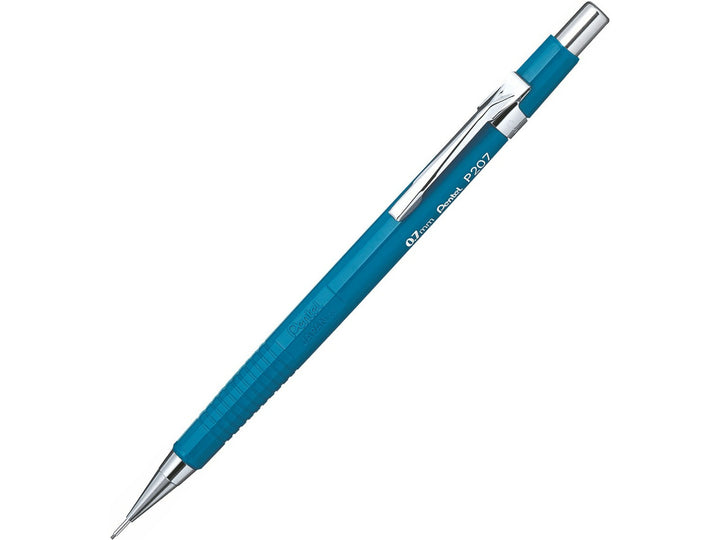 Pentel P207 Automatic Mechanical Pencil 0.7mm, featuring a lightweight blue barrel, fixed lead guidance sleeve, metal pocket clip, push-button mechanism and refillable design for everyday writing, drafting, sketching and technical drawing