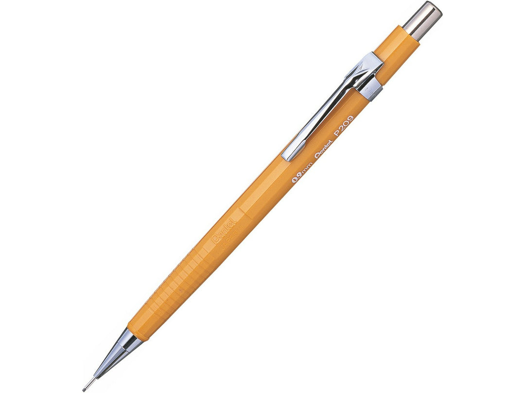 Pentel P209 Automatic Mechanical Pencil 0.9mm, featuring a lightweight yellow barrel, fixed lead guidance sleeve, metal pocket clip, push-button mechanism and refillable design for everyday writing, sketching, drafting and technical drawing
