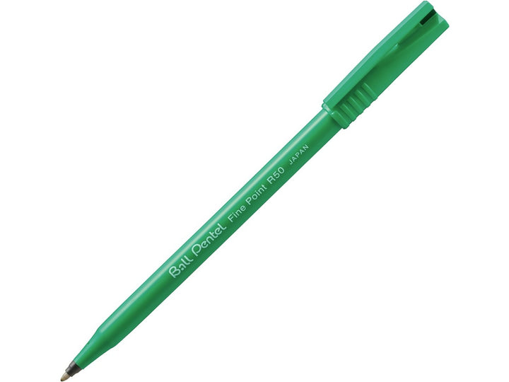 Pentel R50 Rollerball Pen with black water-based ink, featuring the distinctive green barrel, tried-and-tested cushioned ball tip, precision 0.8mm metal writing point and smooth-writing rollerball design