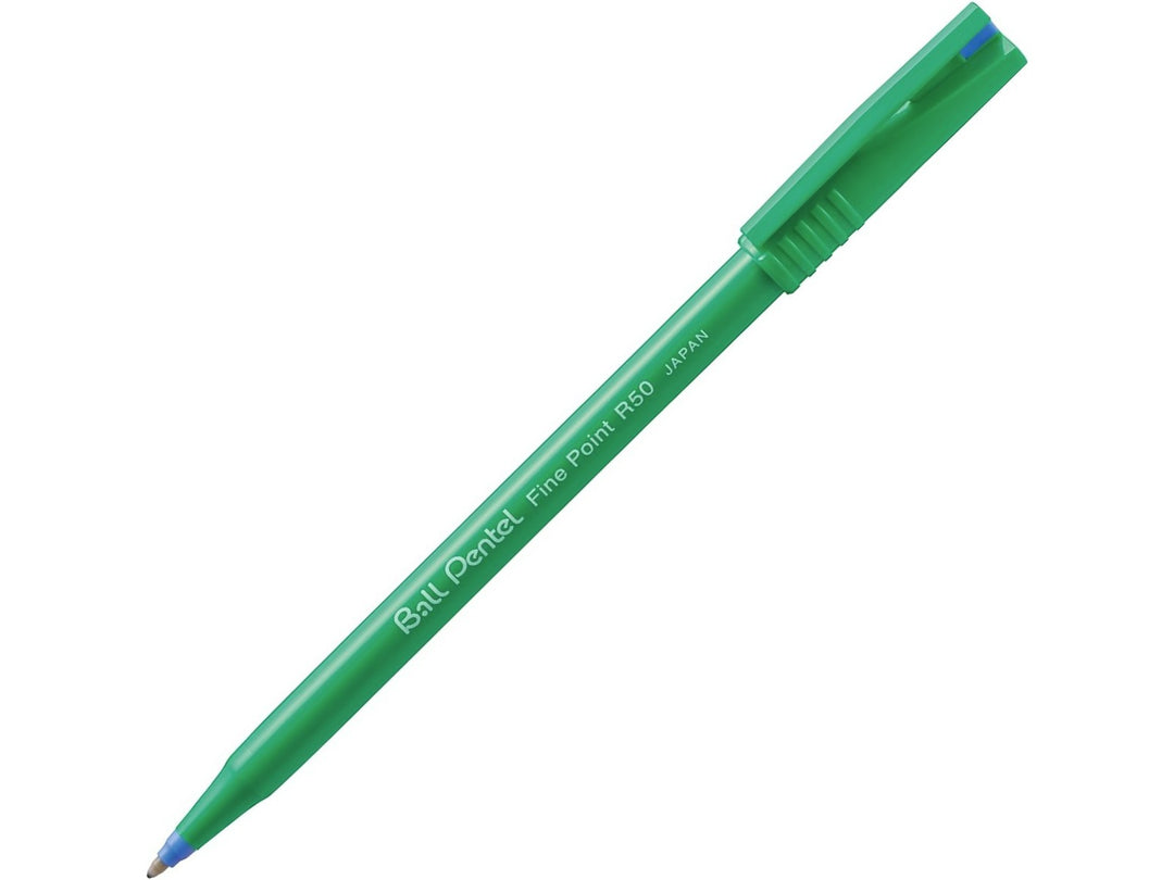 Pentel R50 Rollerball Pen with blue water-based ink, featuring the distinctive green barrel, tried-and-tested cushioned ball tip, precision 0.8mm metal writing point and smooth-writing rollerball design