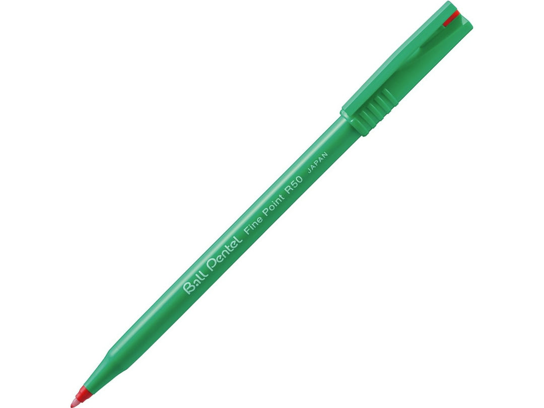 Pentel R50 Rollerball Pen with red water-based ink, featuring the distinctive green barrel, tried-and-tested cushioned ball tip, precision 0.8mm metal writing point and smooth-writing rollerball design