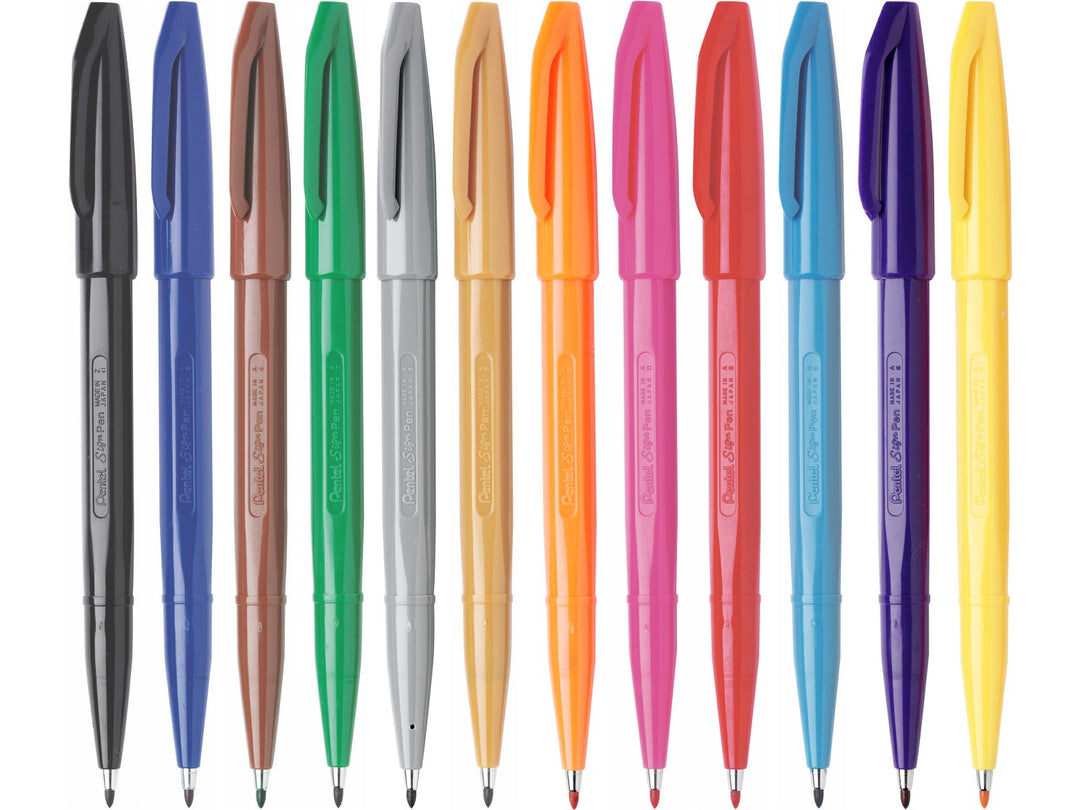 Pentel Sign Pen S520 Full Assorted Set of 12 featuring twelve fibre-tipped pens in Black, Blue, Brown, Green, Grey, Ochre, Orange, Pink, Red, Sky Blue, Violet and Yellow. Each pen contains water-based ink and the original smooth-writing Sign Pen tip, arranged upright to showcase the complete colour range