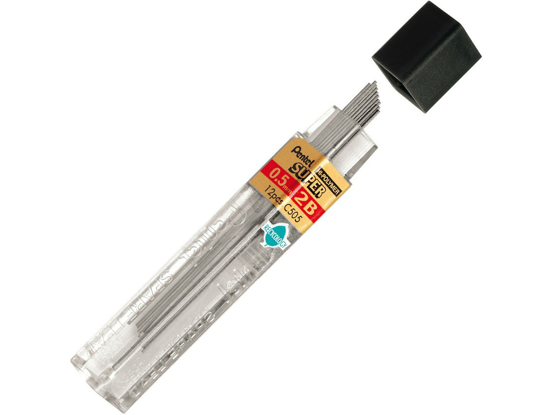 Pentel Super Hi-Polymer 0.5mm 2B Mechanical Pencil Leads, featuring a refill tube containing 12 high-quality graphite leads with a strong break-resistant formulation for darker, smoother writing, sketching and everyday mechanical pencil use