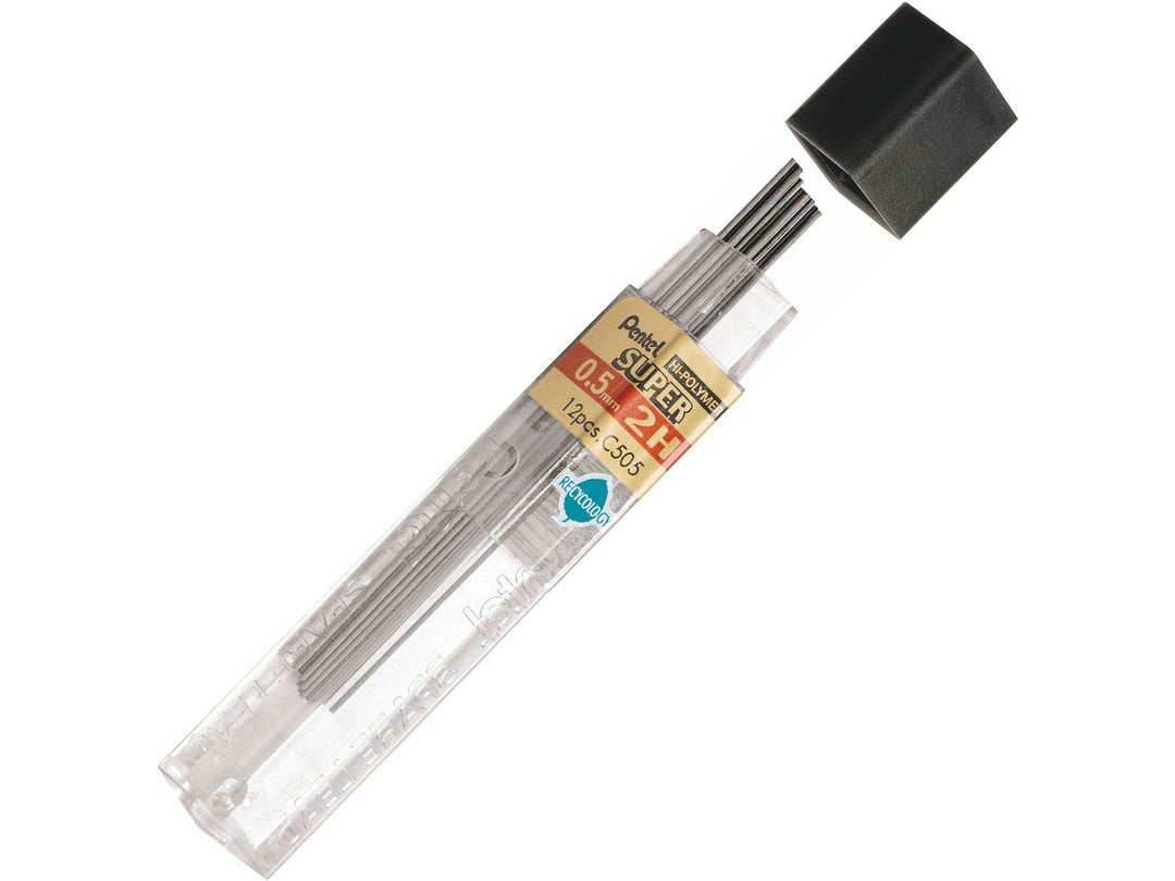 Pentel Super Hi-Polymer 0.5mm 2H Mechanical Pencil Leads, featuring a refill tube containing 12 high-quality graphite leads with a strong break-resistant formulation for precise writing, technical drawing, drafting and detailed mechanical pencil work