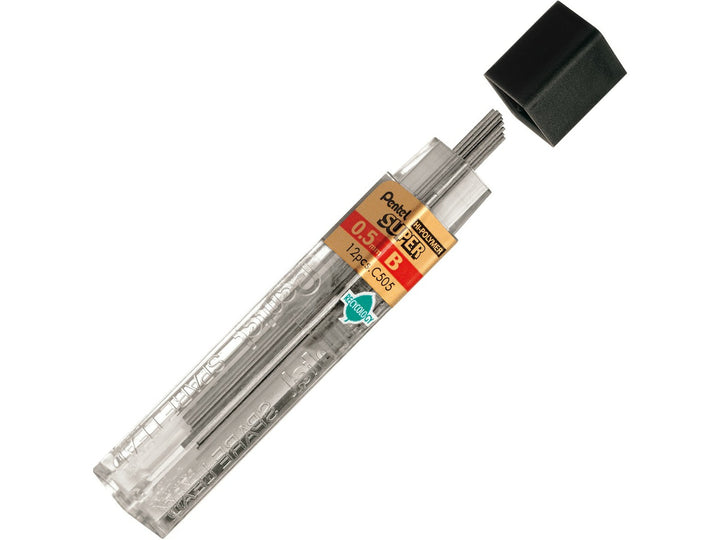 Pentel Super Hi-Polymer 0.5mm B Mechanical Pencil Leads, featuring a refill tube containing 12 high-quality graphite leads with a strong break-resistant formulation for smooth writing, darker line work, sketching and everyday mechanical pencil use