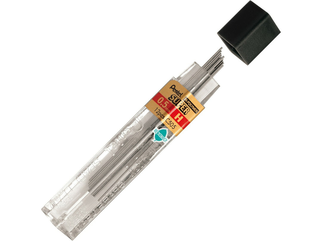 Pentel Super Hi-Polymer 0.5mm H Mechanical Pencil Leads, featuring a refill tube containing 12 high-quality graphite leads with a strong break-resistant formulation for precise writing, drafting, technical drawing and everyday mechanical pencil use