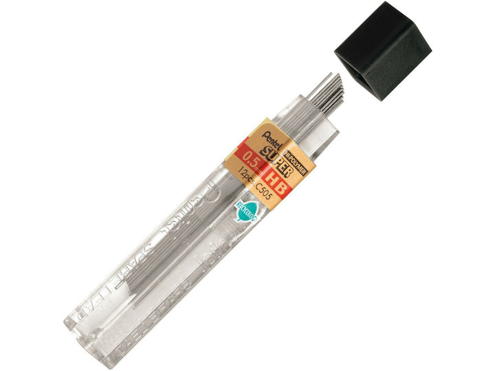 Pentel Super Hi-Polymer 0.5mm HB Mechanical Pencil Leads, featuring a refill tube containing 12 high-quality graphite leads with a strong break-resistant formulation for smooth writing, drafting and everyday mechanical pencil use