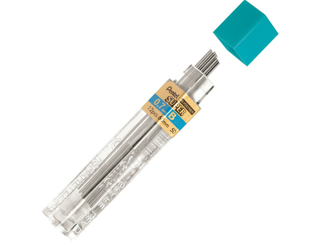Pentel Super Hi-Polymer 0.7mm B Mechanical Pencil Leads, featuring a refill tube containing 12 high-quality graphite leads with a strong break-resistant formulation for darker, smoother writing, sketching, shading and everyday mechanical pencil use.