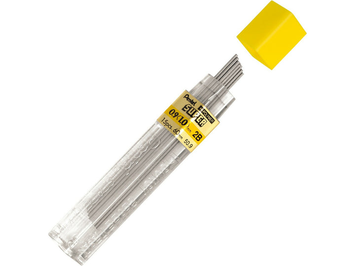 Pentel Super Hi-Polymer 0.9mm 2B Mechanical Pencil Leads, featuring a refill tube containing 15 high-quality graphite leads with a strong break-resistant formulation for dark, smooth writing, sketching, shading and everyday mechanical pencil use