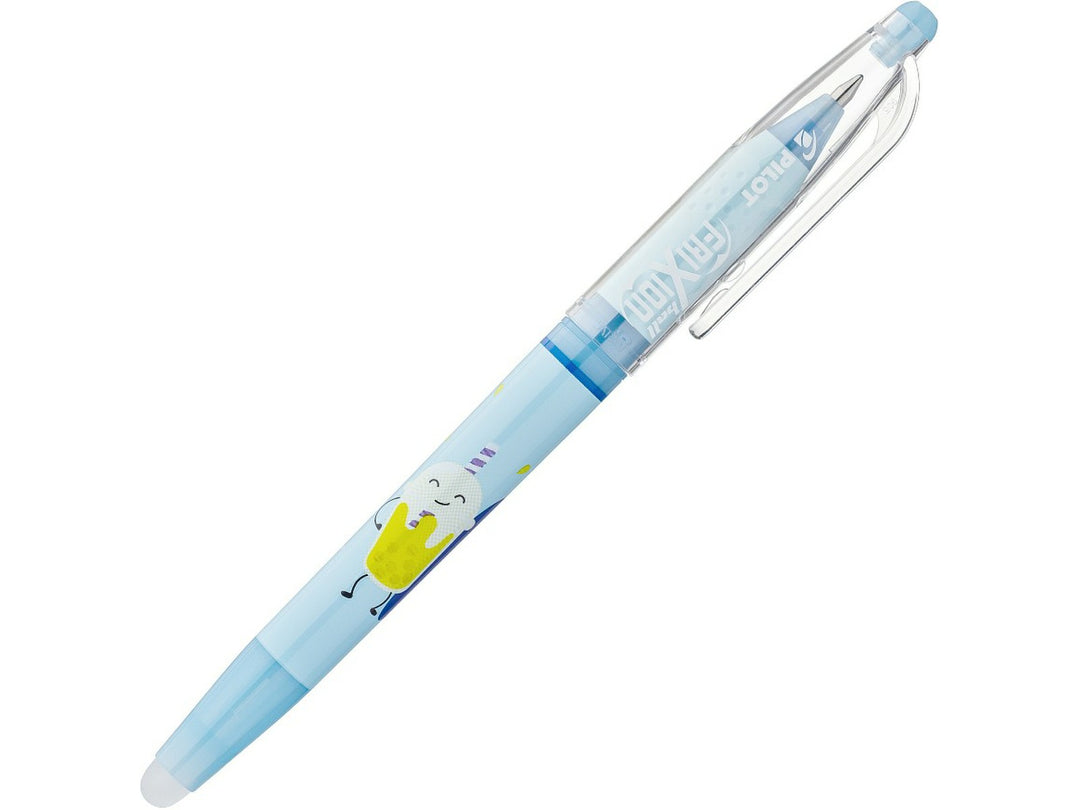 Pilot FriXion Ball 0.7 Pool Party Edition Bubbly erasable rollerball pen, featuring a light blue barrel with a playful bubble tea character design