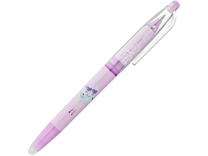 Pilot FriXion Ball 0.7 Pool Party Edition Frosty erasable rollerball pen, featuring a pastel purple barrel with a playful ice cream character design
