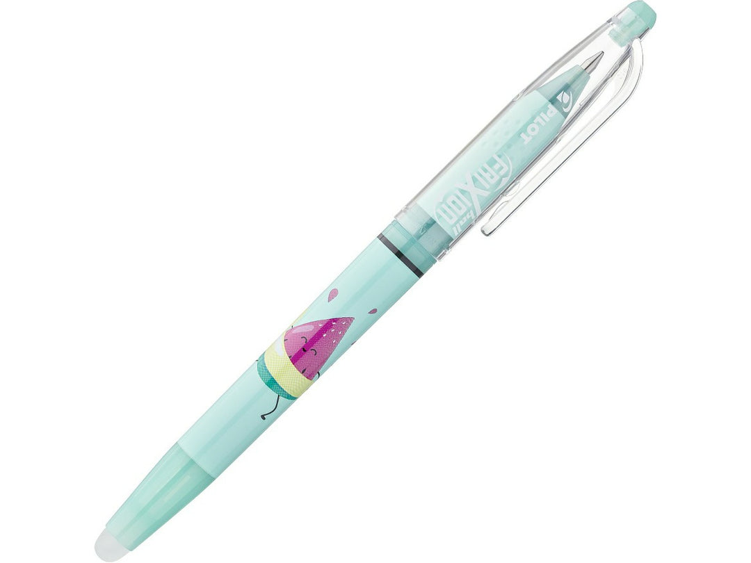 Pilot FriXion Ball 0.7 Pool Party Edition Sunny erasable rollerball pen, featuring a turquoise barrel with a playful watermelon character design