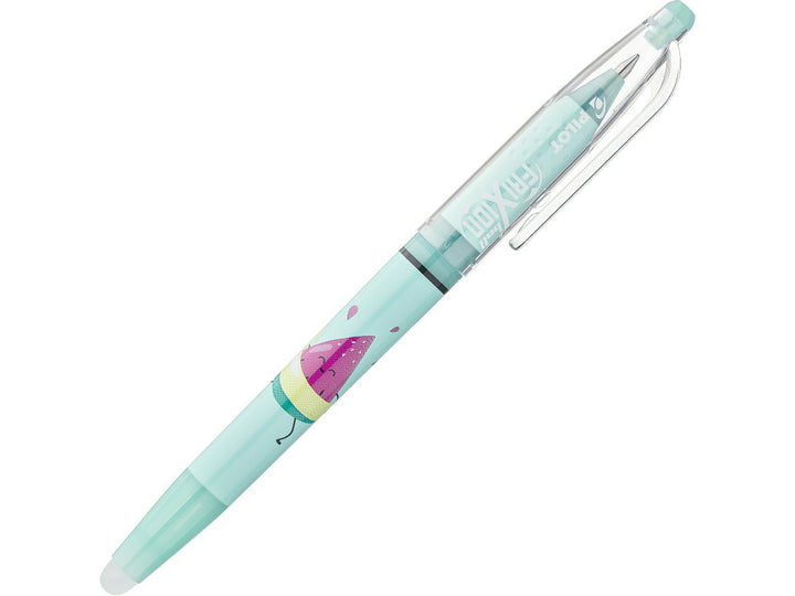 Pilot FriXion Ball 0.7 Pool Party Edition Sunny erasable rollerball pen, featuring a turquoise barrel with a playful watermelon character design