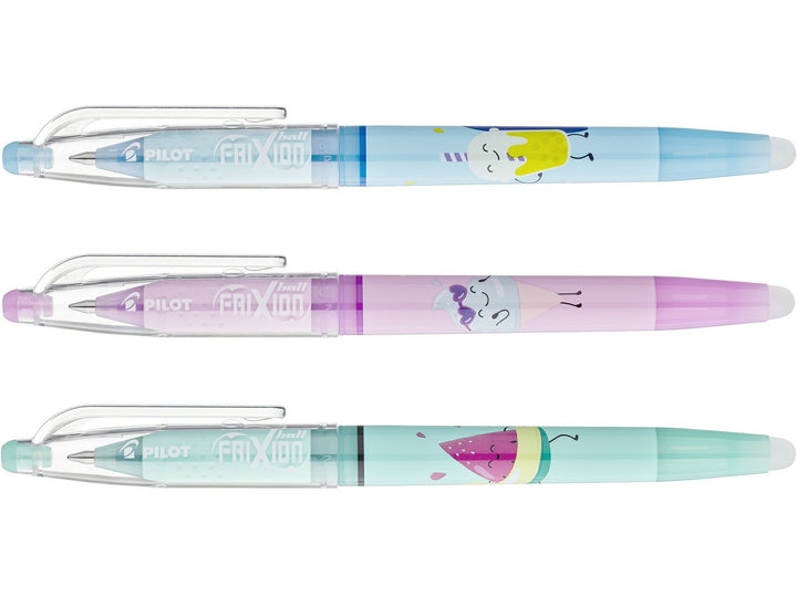 Pilot FriXion Ball 0.7 Pool Party Edition erasable rollerball pens featuring Bubbly, Frosty and Sunny character designs in light blue, pastel purple and turquoise