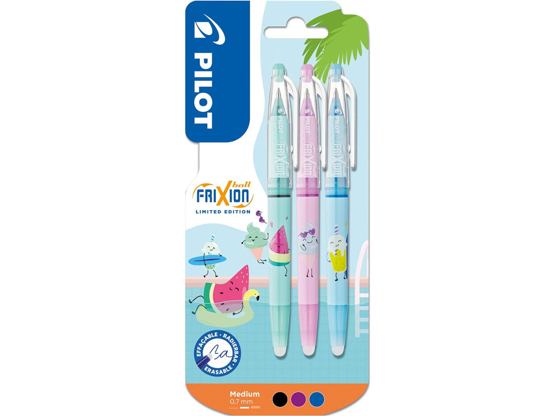 Pilot FriXion Ball 0.7 Pool Party Edition set of 3 erasable rollerball pens featuring Sunny, Bubbly and Frosty designs in turquoise, pink and light blue retail packaging
