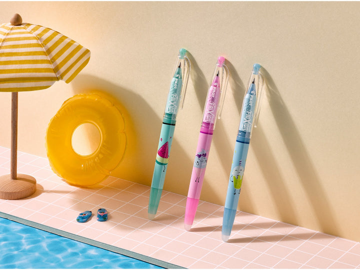 Pilot FriXion Ball 0.7 Pool Party Edition set of 3 capped erasable rollerball pens featuring Sunny, Bubbly and Frosty designs displayed in a colourful poolside summer scene