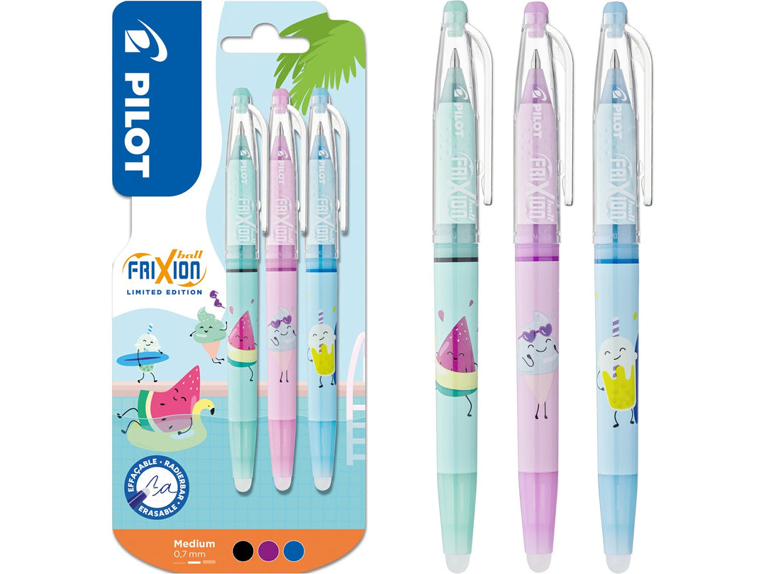 Pilot FriXion Ball 0.7 Pool Party Edition set of 3 erasable rollerball pens shown alongside the colourful summer-themed retail packaging, featuring Sunny, Bubbly and Frosty designs