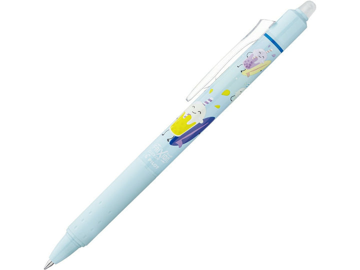 Pilot FriXion Clicker 0.7 Pool Party Edition Frosty erasable rollerball pen in a light blue barrel with playful bubble tea-themed character designs