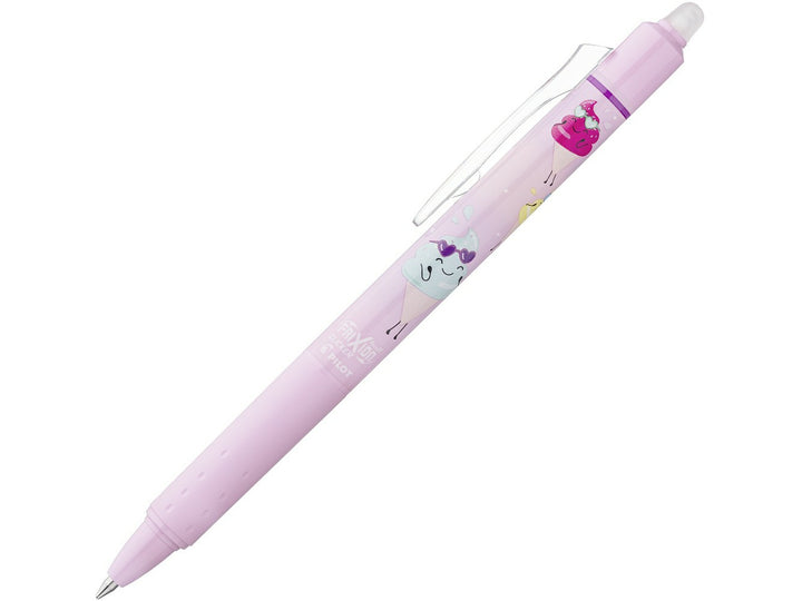 Pilot FriXion Clicker 0.7 Pool Party Edition Bubbly erasable rollerball pen in a pastel pink barrel with playful summer-themed character designs