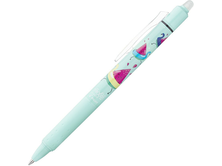 Pilot FriXion Clicker Pool Party Edition Sunny retractable erasable pen, featuring a turquoise barrel with colourful watermelon and summer-themed artwork