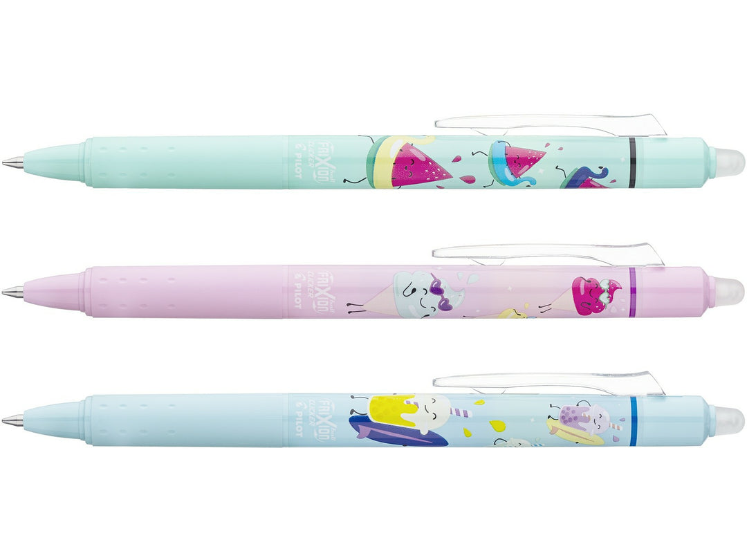 Three Pilot FriXion Clicker Pool Party Edition erasable pens featuring Bubbly, Frosty and Sunny summer designs, displayed horizontally on a white background