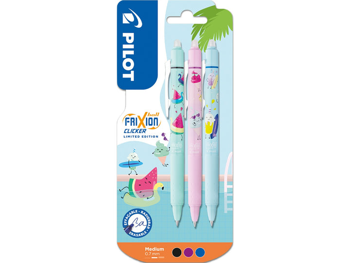 Pilot FriXion Clicker Pool Party Edition 3 pen set in retail packaging, featuring three summer character designs with Blue, Violet and Black erasable ink
