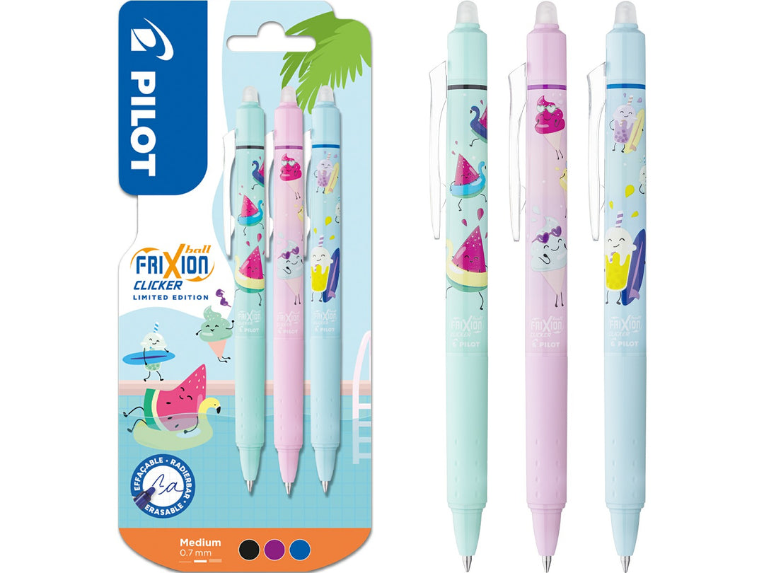 Pilot FriXion Clicker 0.7 Pool Party Edition set of 3 erasable rollerball pens shown alongside the summer-themed retail packaging, featuring turquoise, pink and light blue character designs