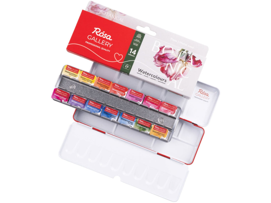 ROSA Gallery Botanical Watercolour Set showing 14 professional watercolour half pans arranged in a metal travel case, accompanied by updated botanical-themed packaging and an integrated mixing palette designed for botanical illustration and nature-inspired painting
