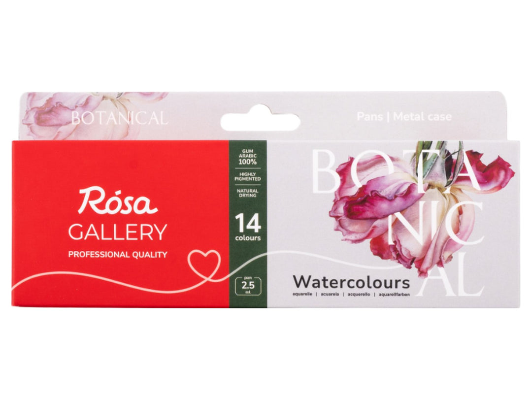 ROSA Gallery Botanical Watercolour Set packaging for 14 colours, featuring the updated Botanical Collection design with floral artwork, professional-quality artist watercolours and a metal case format for botanical illustration and nature-inspired painting