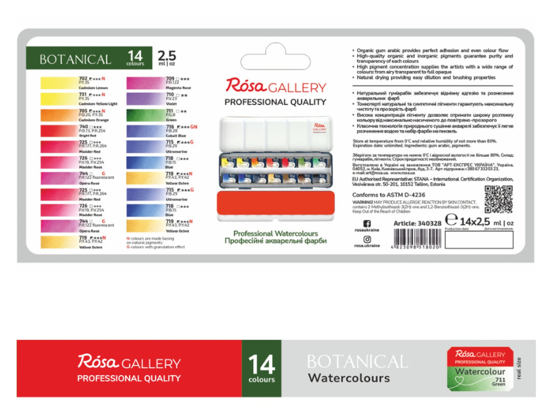 ROSA Gallery Botanical Watercolour Set reverse packaging showing the complete 14-colour palette, colour swatches, pigment information, product specifications, metal case contents and Botanical Collection branding for professional botanical illustration and watercolour painting