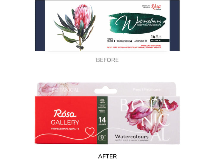 Comparison image showing the previous and updated ROSA Gallery Botanical Watercolour Set packaging for 14 colours, highlighting the redesign from the original botanical-themed box to the new Botanical Collection packaging with floral artwork, refreshed branding and updated product presentation