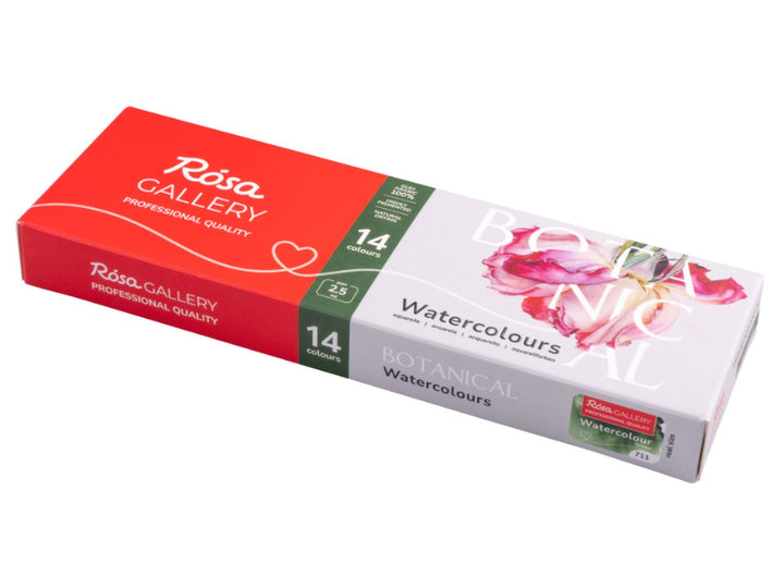 ROSA Gallery Botanical Watercolour Set with 14 professional watercolour colours in updated botanical-themed packaging, featuring a curated palette developed for botanical illustration, floral artwork and detailed nature studies