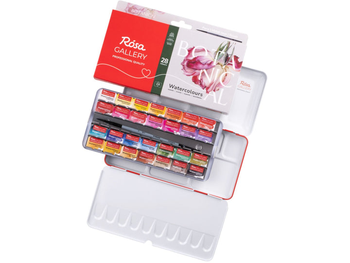 ROSA Gallery Botanical Watercolour Set showing 28 professional watercolour half pans arranged in a metal travel case with integrated mixing palette, accompanied by updated Botanical Collection packaging featuring floral artwork and an included travel brush, developed for botanical illustration, floral painting and detailed nature studies