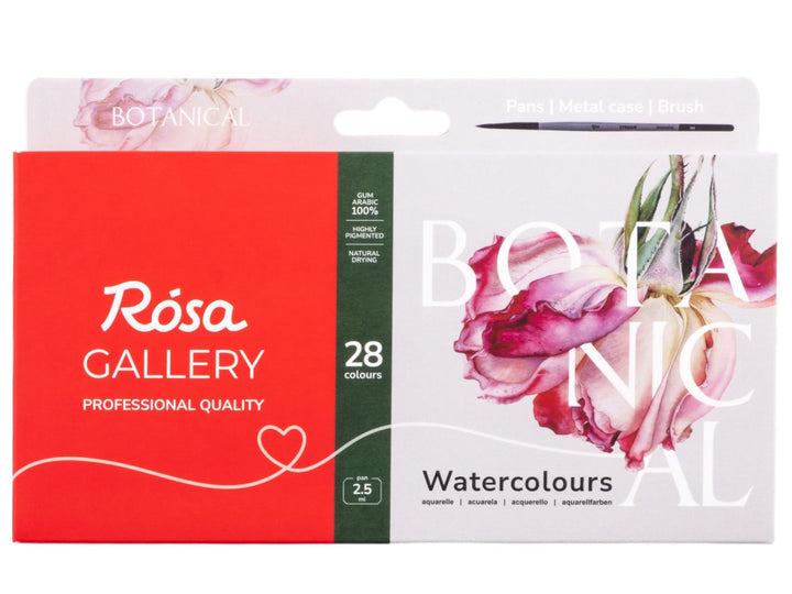 ROSA Gallery Botanical Watercolour Set packaging for 28 colours, featuring the updated Botanical Collection design with floral artwork, professional-quality watercolours in a metal case, an included travel brush and a curated palette developed for botanical illustration, floral painting and detailed nature studies