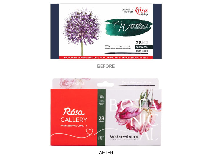 Comparison image showing the previous and updated ROSA Gallery Botanical Watercolour Set packaging for 28 colours, highlighting the transition from the original botanical artist-collaboration packaging to the new Botanical Collection design with refreshed branding, floral artwork and updated product presentation