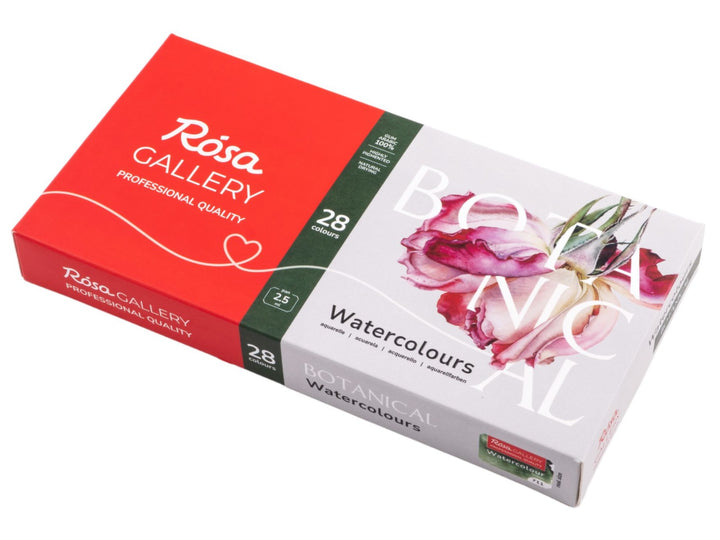 ROSA Gallery Botanical Watercolour Set packaging for 28 colours, featuring the updated Botanical Collection design with floral artwork, professional-quality watercolours in a metal case and an included travel brush, developed for botanical illustration, floral painting and detailed nature studies