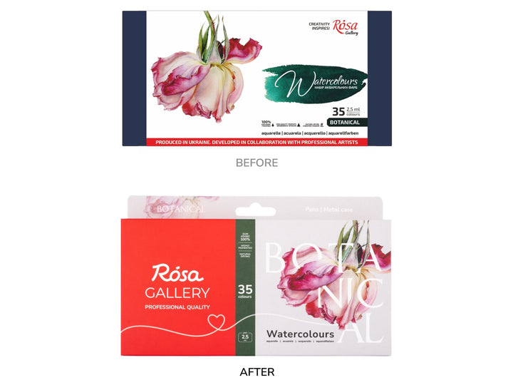 Comparison image showing the previous and updated ROSA Gallery Botanical Watercolour Set packaging for 35 colours, highlighting the transition from the original botanical-themed packaging to the new Botanical Collection design with refreshed branding, floral artwork and updated product presentation