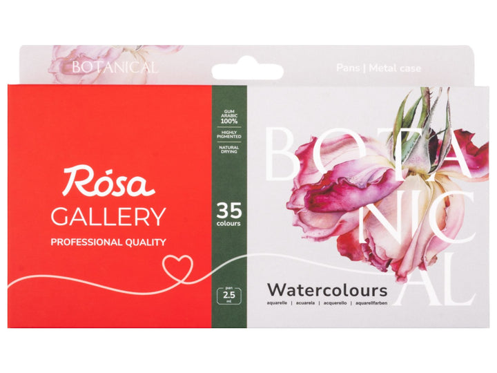 ROSA Gallery Botanical Watercolour Set packaging for 35 colours, featuring the updated Botanical Collection design with detailed floral artwork, professional-quality watercolours in a metal case and a curated palette developed for botanical illustration, floral painting and detailed nature studies