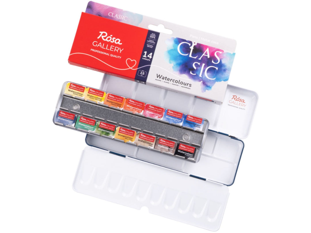 ROSA Gallery Classic Watercolour Set showing 14 professional watercolour half pans arranged in a metal travel case, accompanied by updated Classic Collection packaging and an integrated mixing palette, ideal for versatile watercolour painting, illustration and sketching