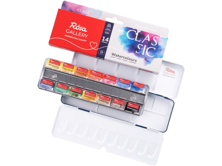 ROSA Gallery Classic Watercolour Set showing 14 professional watercolour half pans arranged in a metal travel case, accompanied by updated Classic Collection packaging and an integrated mixing palette, ideal for versatile watercolour painting, illustration and sketching