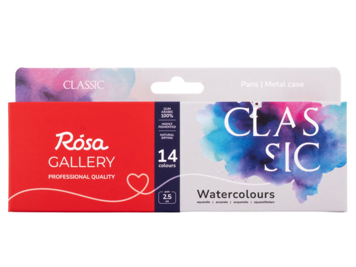 ROSA Gallery Classic Watercolour Set packaging for 14 colours, featuring the updated Classic Collection design with blue and purple watercolour artwork, professional-quality artist watercolours and a metal case format for versatile painting, sketching and illustration
