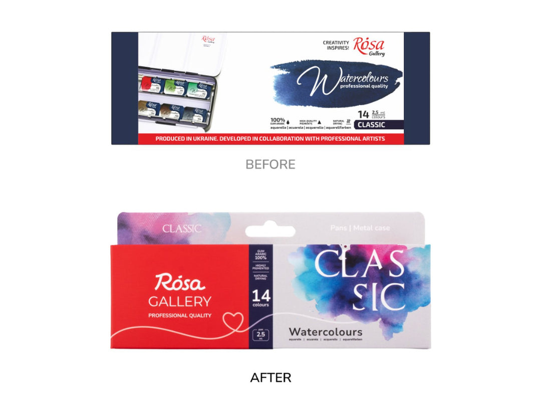Comparison image showing the previous and updated ROSA Gallery Classic Watercolour Set packaging for 14 colours, highlighting the transition from the original Classic watercolour packaging to the new Classic Collection design with refreshed branding, contemporary watercolour artwork and updated product presentation