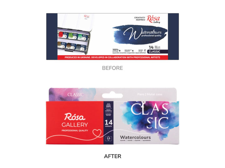 Comparison image showing the previous and updated ROSA Gallery Classic Watercolour Set packaging for 14 colours, highlighting the transition from the original Classic watercolour packaging to the new Classic Collection design with refreshed branding, contemporary watercolour artwork and updated product presentation