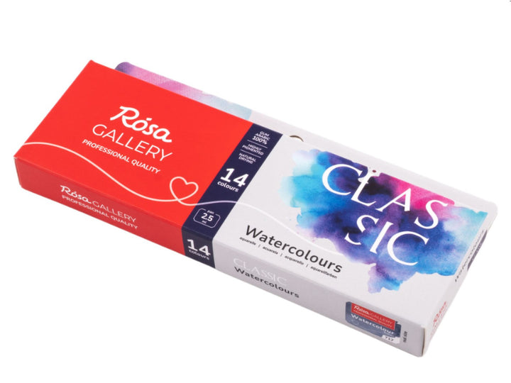 ROSA Gallery Classic Watercolour Set packaging for 14 colours, featuring the updated Classic Collection design with vibrant blue and purple watercolour artwork, professional-quality artist watercolours and a metal case format for versatile painting, sketching and illustration