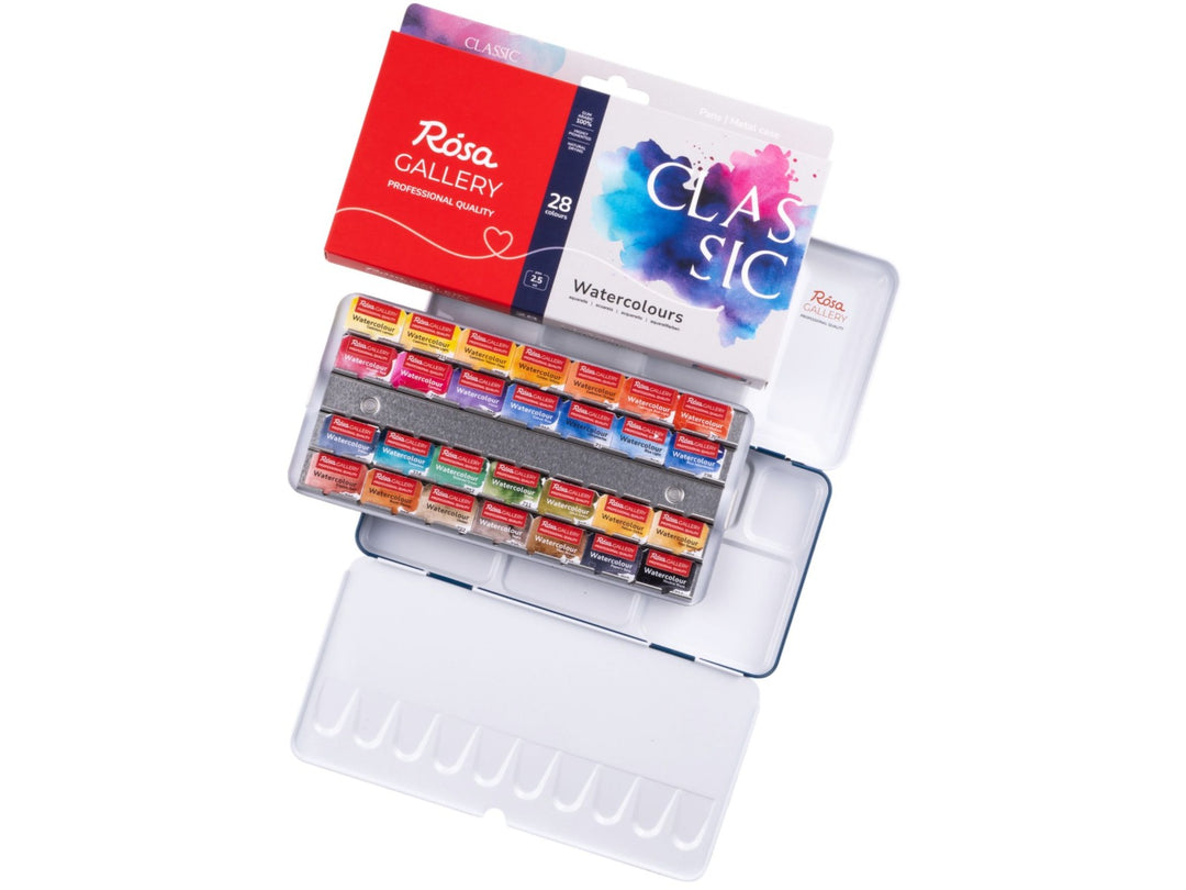 ROSA Gallery Classic Watercolour Set showing 28 professional watercolour half pans arranged in a metal travel case with integrated mixing palette, accompanied by updated Classic Collection packaging featuring vibrant blue and pink artwork and a versatile colour palette designed for watercolour painting, sketching and illustration