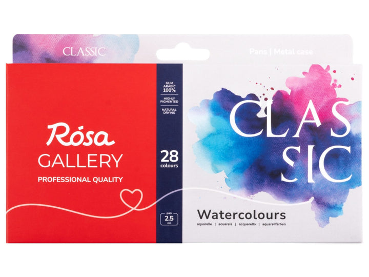 ROSA Gallery Classic Watercolour Set packaging for 28 colours, featuring the updated Classic Collection design with vibrant blue and pink watercolour artwork, professional-quality watercolours in a metal case and a versatile colour palette developed for watercolour painting, sketching and illustration