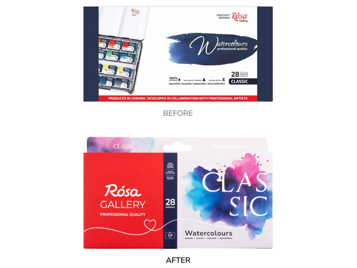 Comparison image showing the previous and updated ROSA Gallery Classic Watercolour Set packaging for 28 colours, highlighting the transition from the original artist-collaboration packaging to the new Classic Collection design with refreshed branding, vibrant blue and pink watercolour artwork and updated product presentation